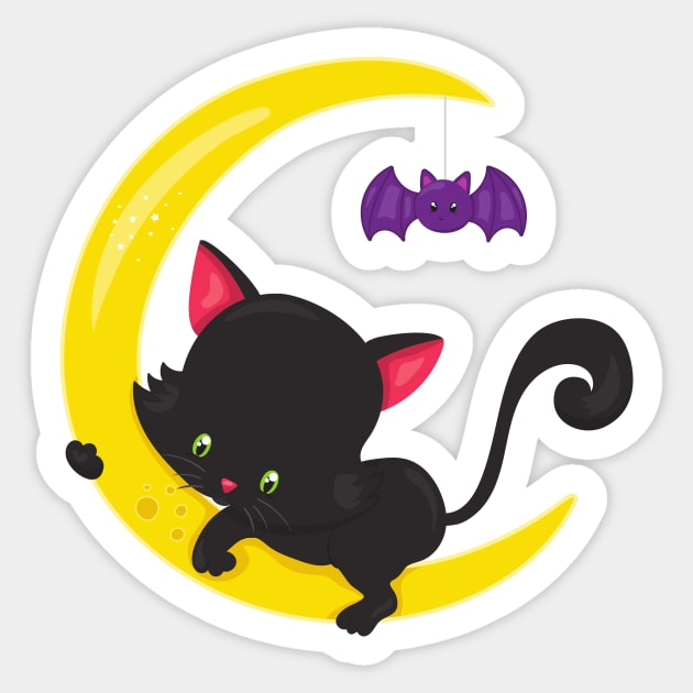 Halloween Cat, Cute Cat, Black Cat, Moon, Bat Sticker by Jelena Dunčević